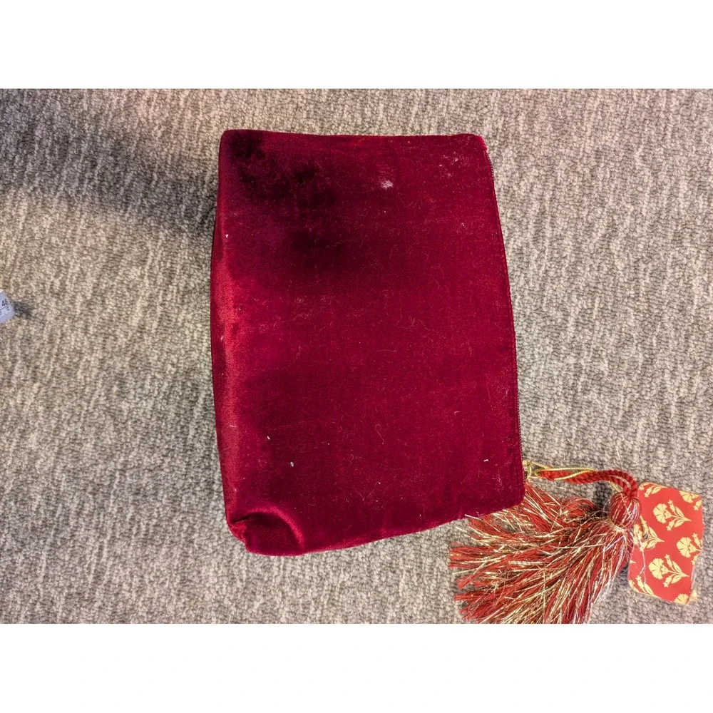 Burgundy Velvet Beaded Cherry‎ Pouch Tassel Zip Clutch Bag Red NEW
